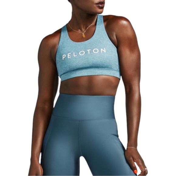 NEW Peloton Heathered Teal Blue Cutout Strappy Stretch Logo Sports Bra Size S - Picture 3 of 12